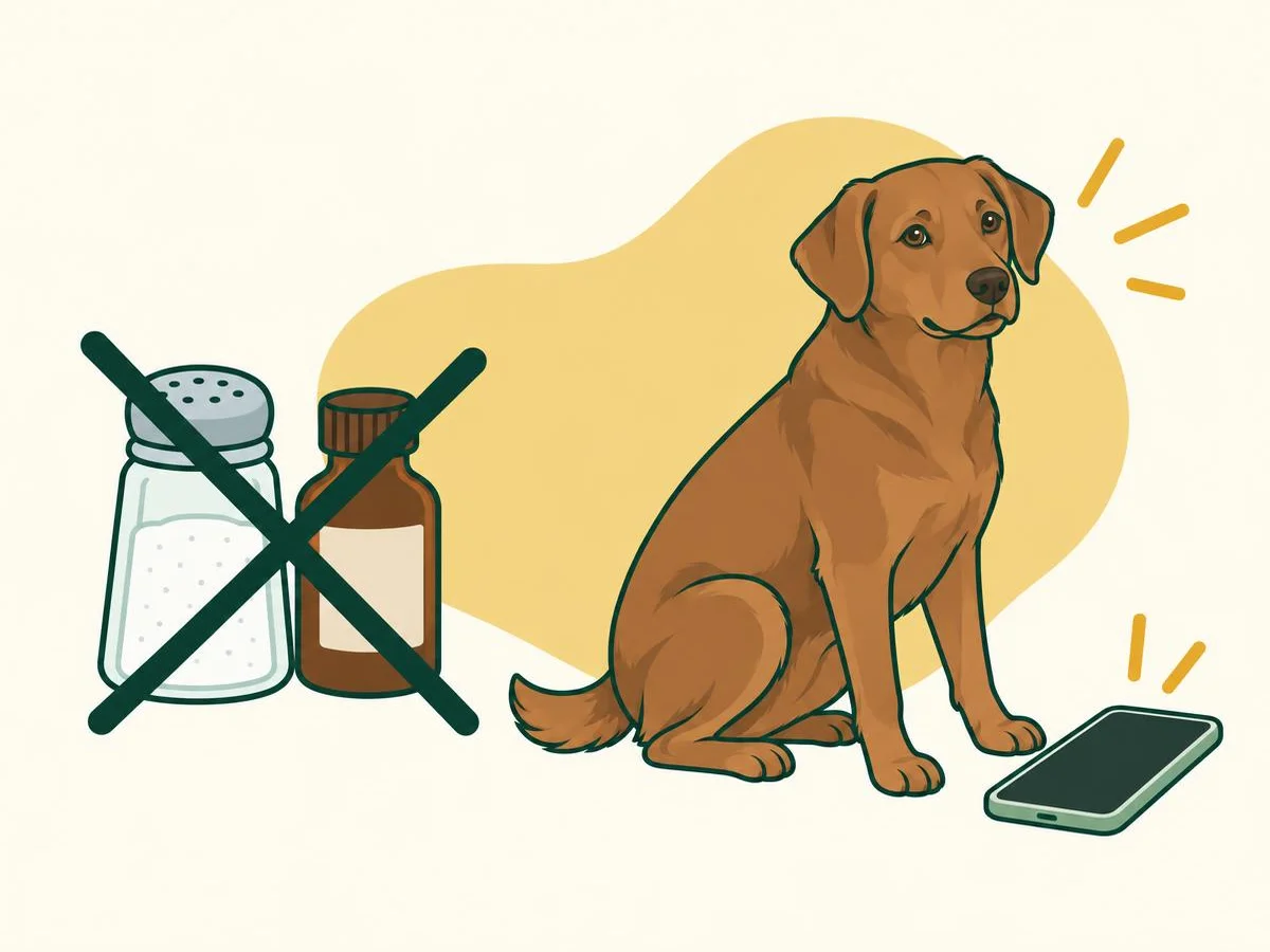 Illustration of a salt shaker and a bottle crossed out next to a dog, with a phone beside them