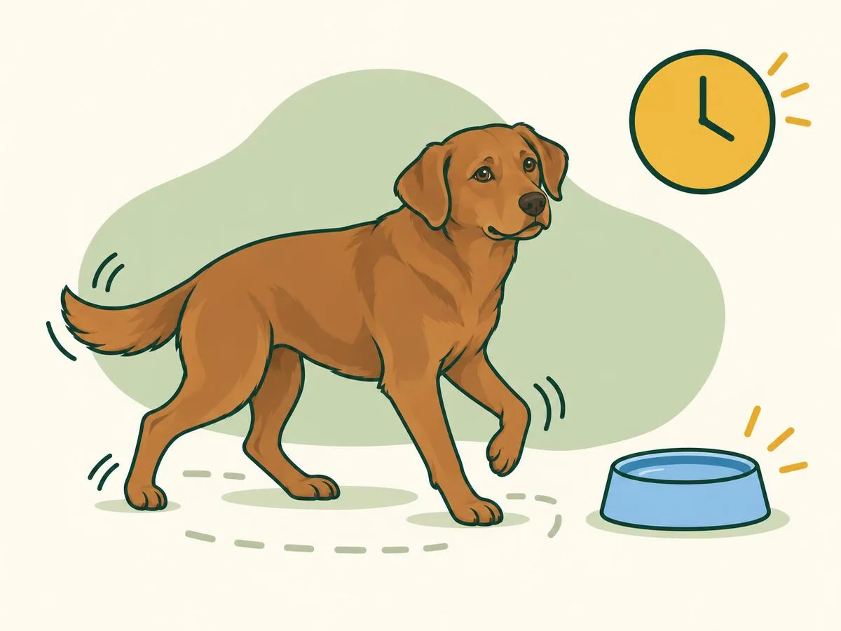 Illustration of a restless dog pacing beside a water bowl, with a small clock in the corner