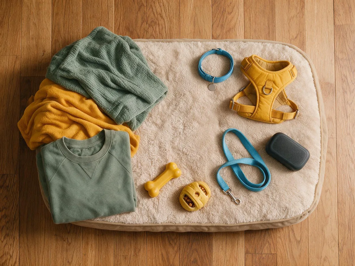 Illustration of a dog bed, blankets, an old jumper, a chew toy, a puzzle toy, a collar with a tag, a harness, a lead and a small speaker laid out on a wooden floor