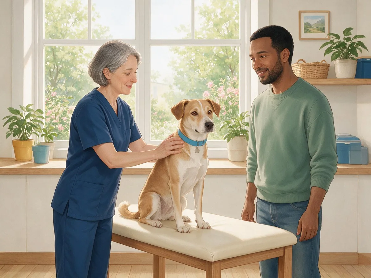 Illustration of a vet gently checking a dog on the consulting table while its owner stands beside it, listening