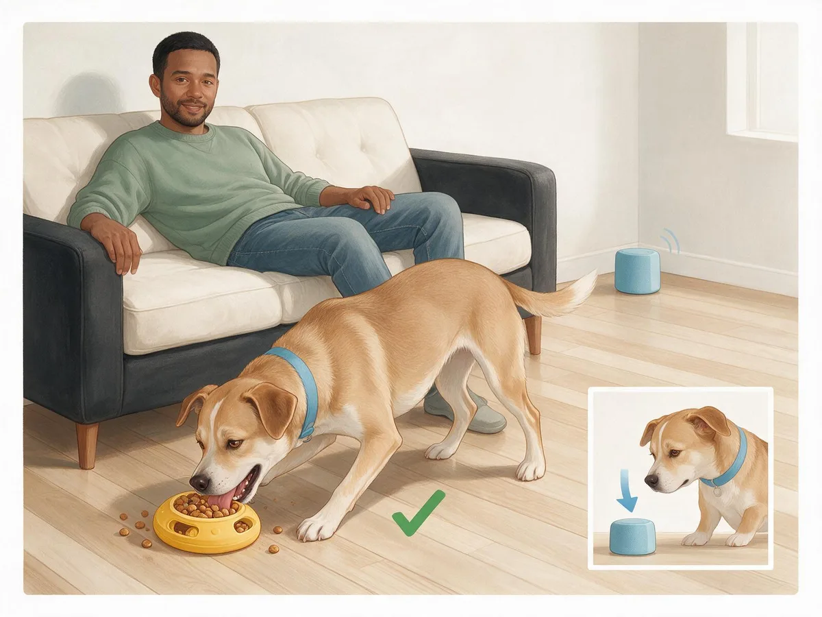 Illustration of a dog licking a treat-filled puzzle toy while a speaker plays quietly across the room, with an inset of a worried dog and an arrow for turning the volume lower