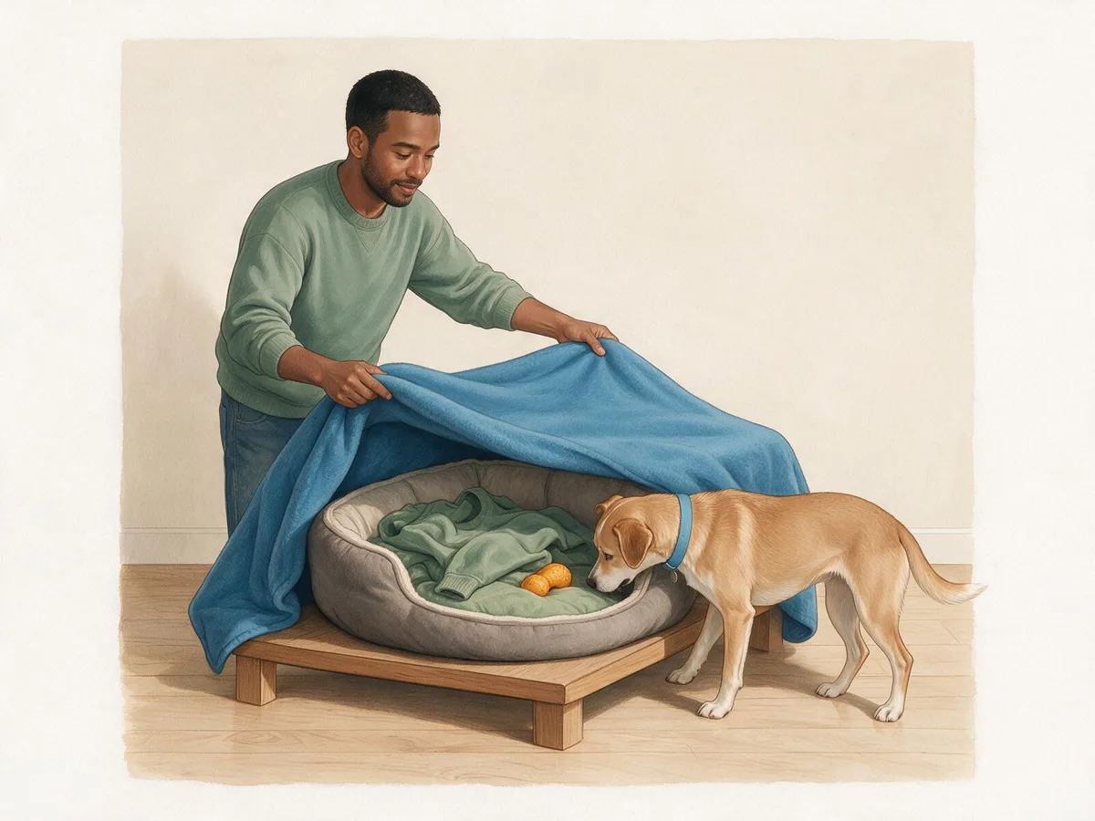 Illustration of an owner draping a blanket over a small table to make a den, with a dog bed, an old jumper and a chew toy inside, while the dog sniffs the entrance