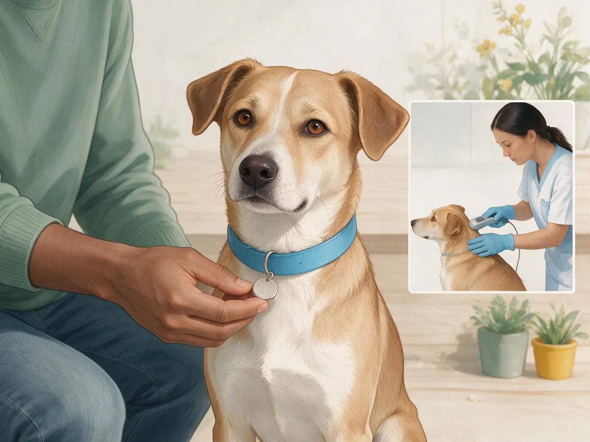 Illustration of an owner checking the round tag on his dog's collar, with an inset of a microchip scanner passed over the back of the dog's neck