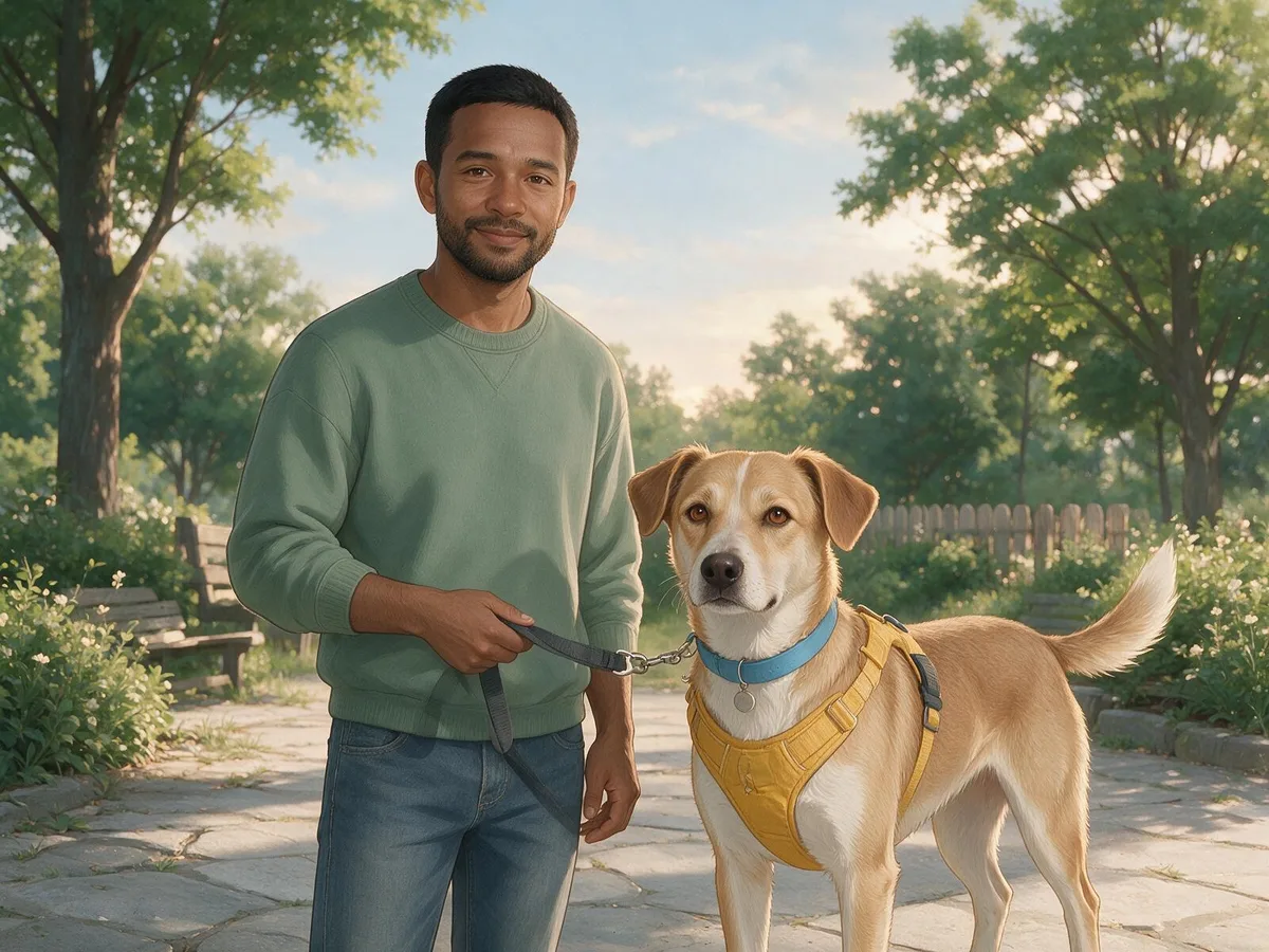 Illustration of an owner walking his dog on a lead in a park in afternoon daylight, the dog wearing a harness and a collar
