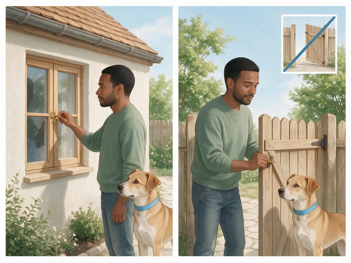 Illustration in two panels: an owner closing and latching a window, and closing the garden gate firmly, with an inset of an open gate crossed out
