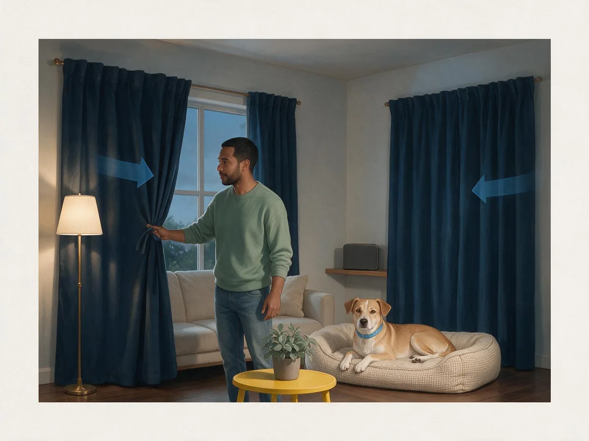 Illustration of an owner closing thick curtains in a lamp-lit living room while a small speaker plays softly and the dog lies on its bed