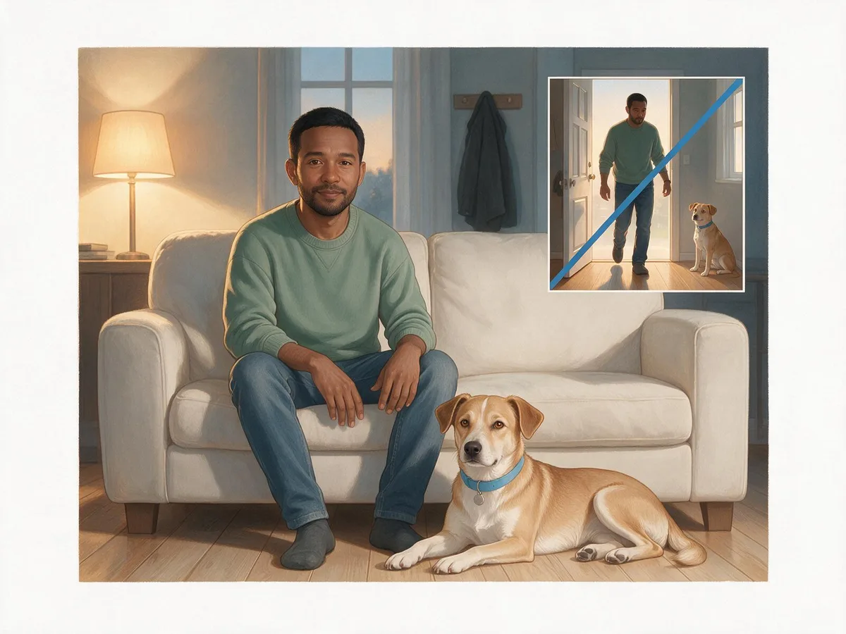 Illustration of an owner sitting at home on the sofa with his dog at his feet, with an inset of the owner leaving the dog alone crossed out