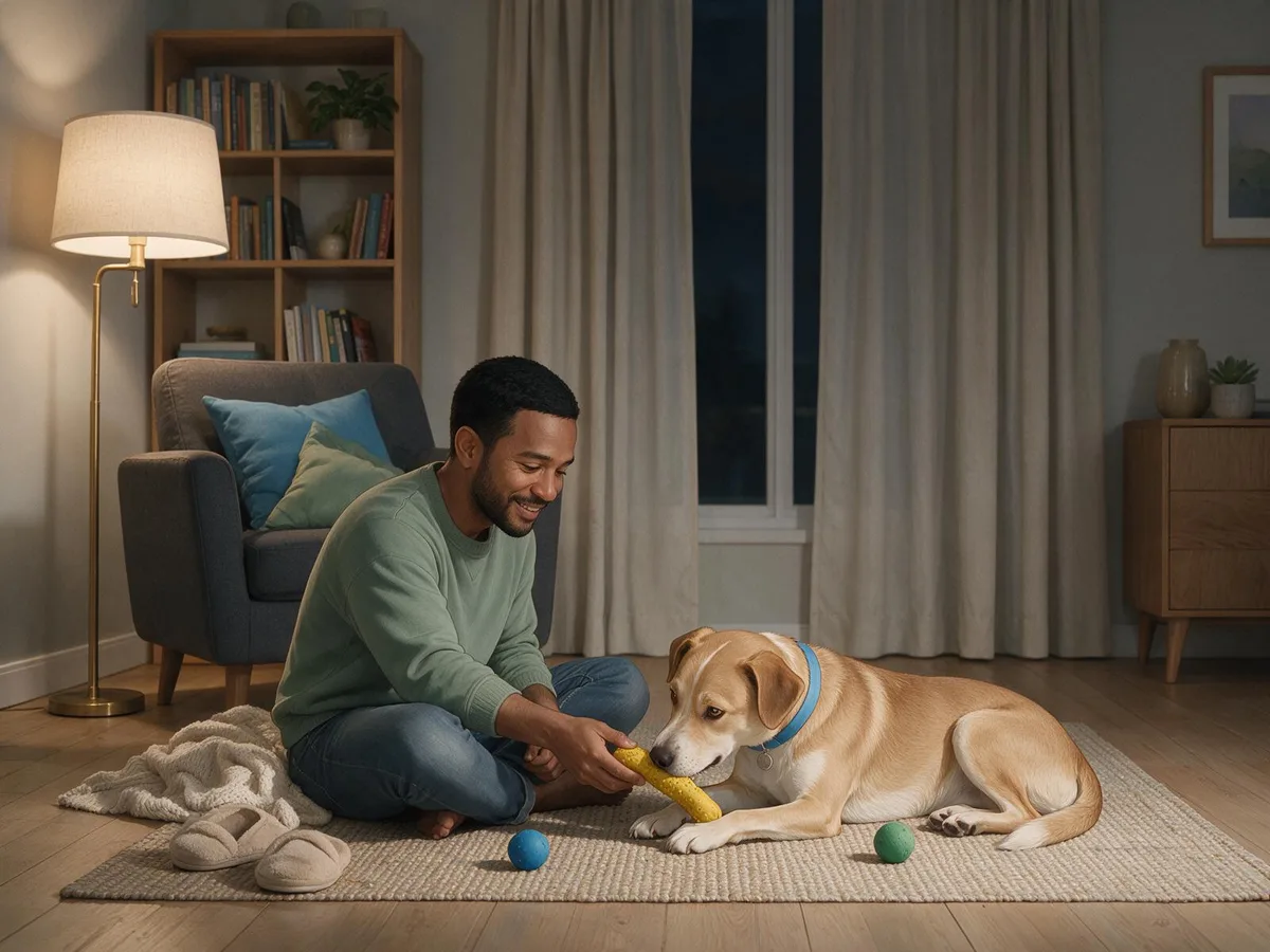 Illustration of an owner sitting on the floor offering a chew toy to a calm dog, which takes it