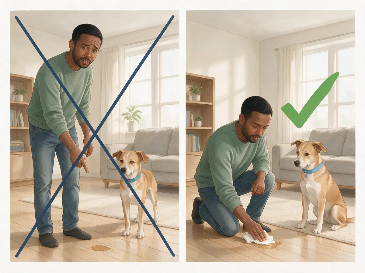 Illustration in two panels: an owner shouting at his dog beside a wet patch, crossed out, and the owner calmly wiping the floor while the dog rests, with a green tick