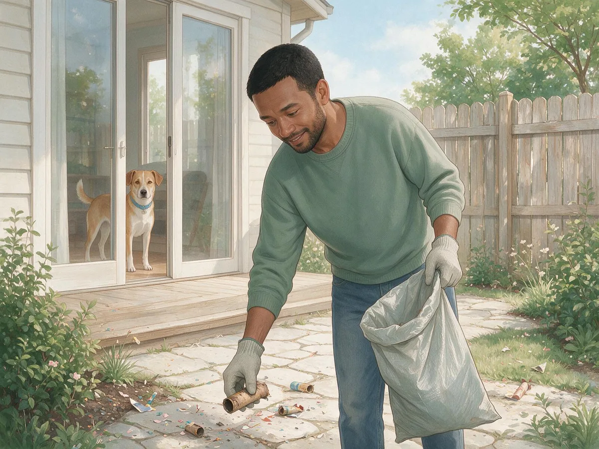Illustration of an owner picking up spent firework tubes in a back garden in the morning while his dog waits behind the closed glass door