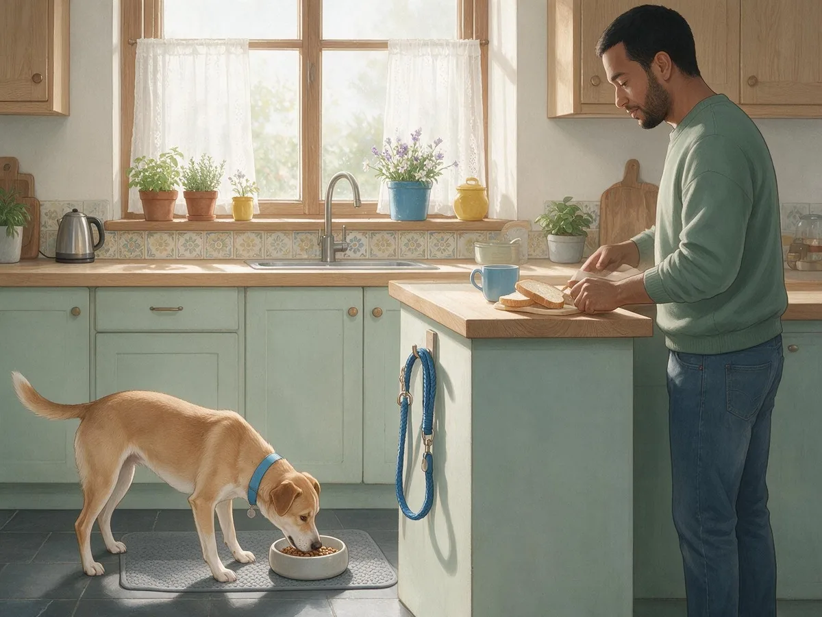 Illustration of a dog eating breakfast from its bowl as usual while its owner makes breakfast nearby, the lead hanging ready