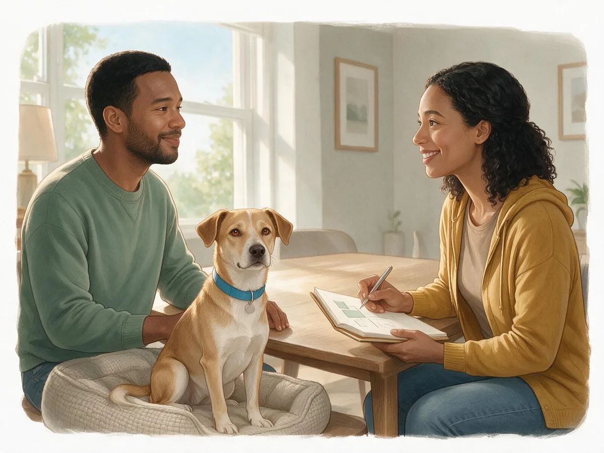 Illustration of an owner and his dog sitting with a dog behaviourist who sketches a plan on a notepad