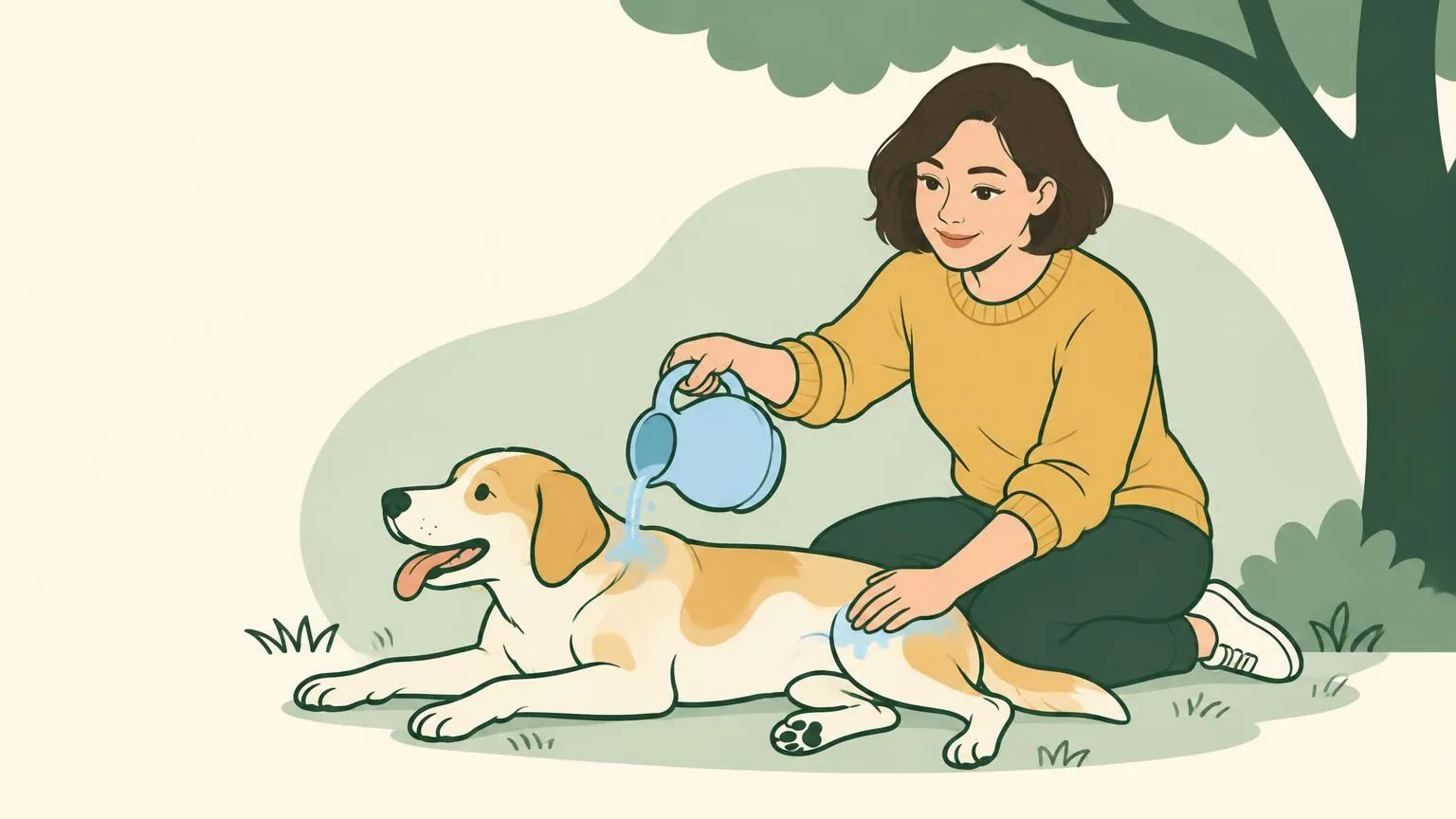 Illustration of a woman in the shade of a tree pouring water from a jug over the neck of a panting dog lying on the grass, its head kept dry