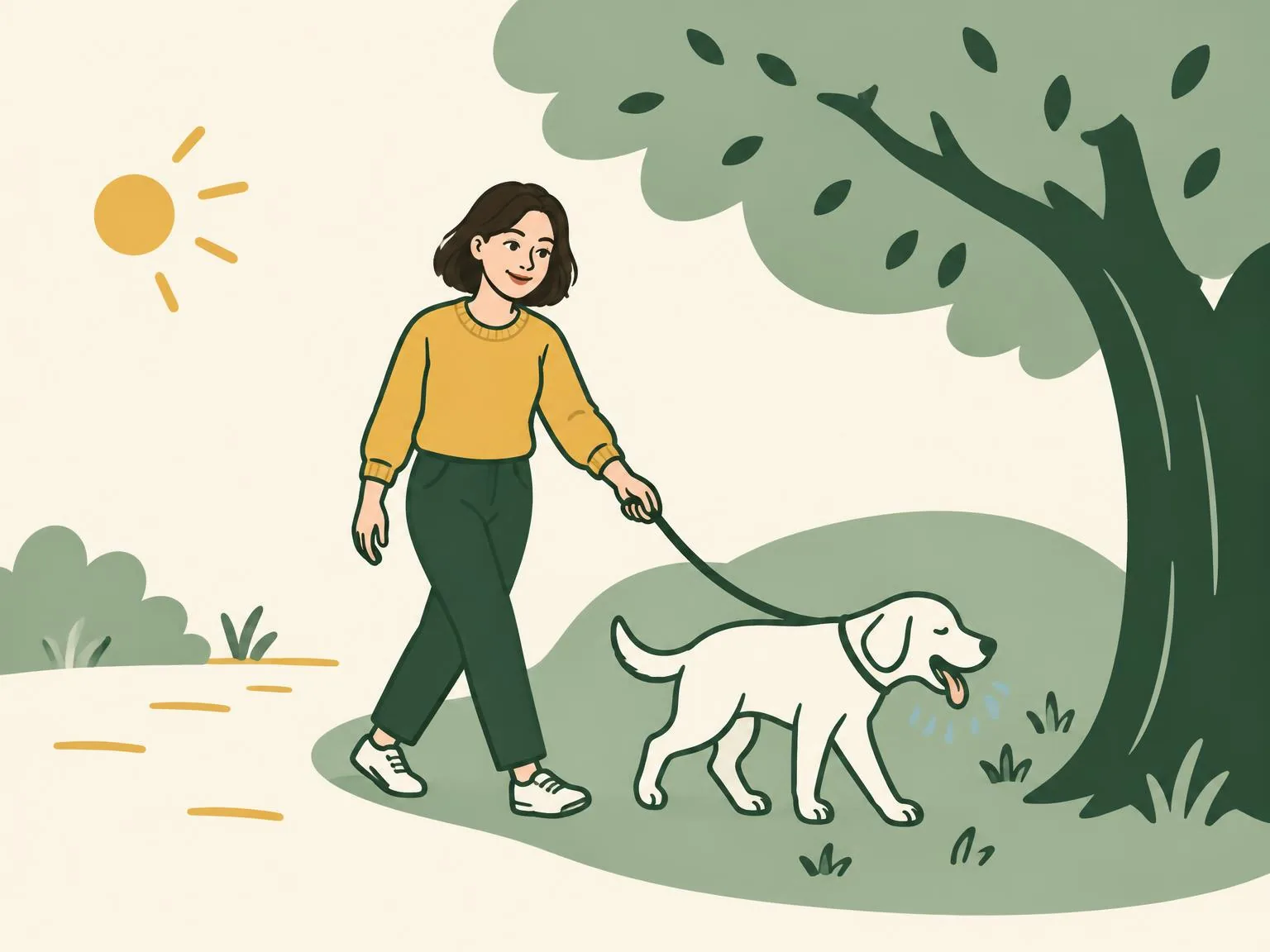 Illustration of a woman leading a slow, panting dog off a sunny path into the shade of a tree