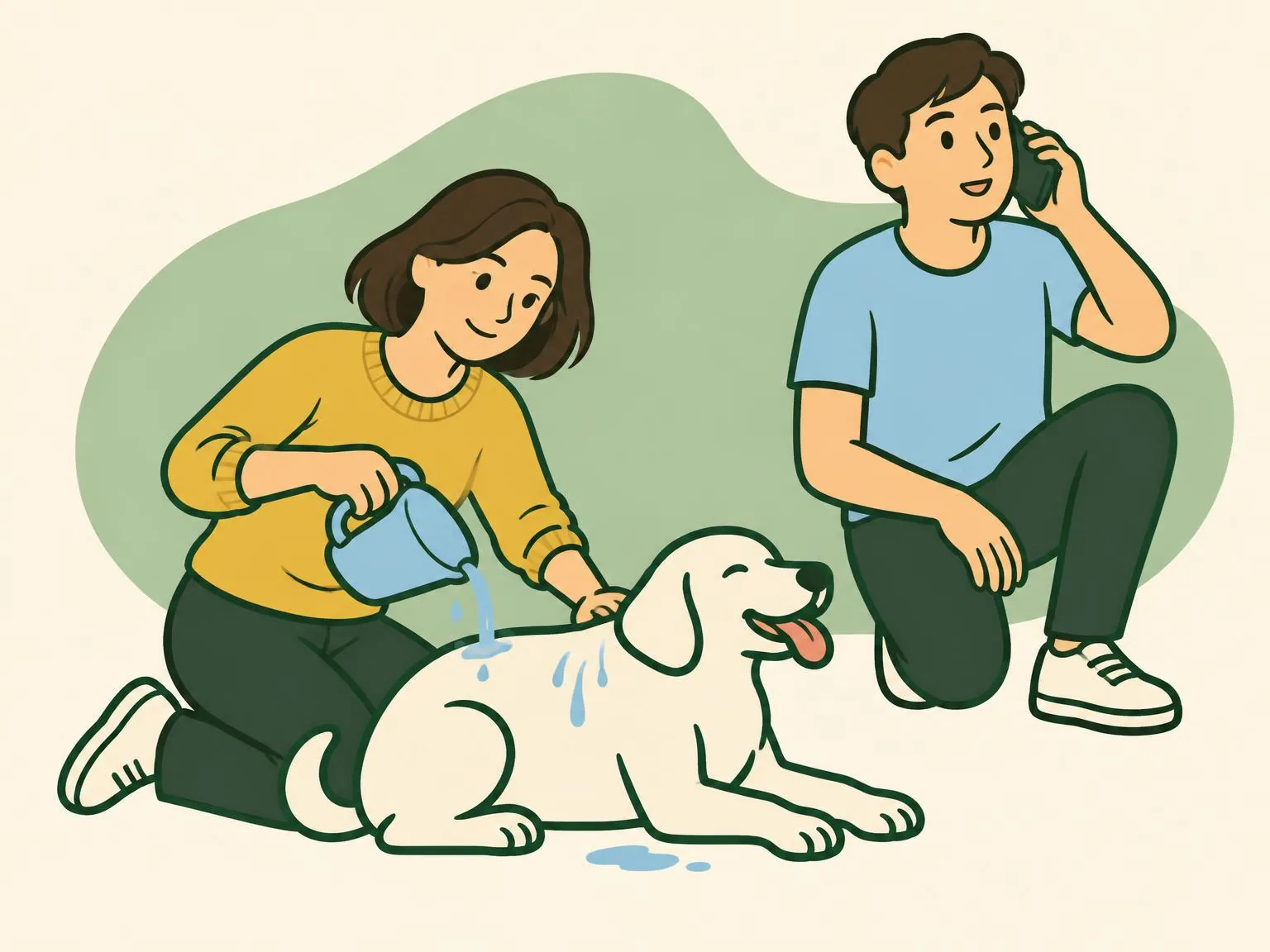 Illustration of a woman kneeling beside a dog and pouring water while a second person nearby talks on a phone