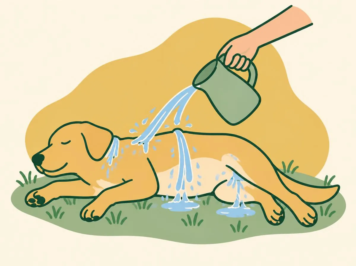 Illustration of water being poured from a jug over a dog's neck and belly while it lies on its side, the head kept dry