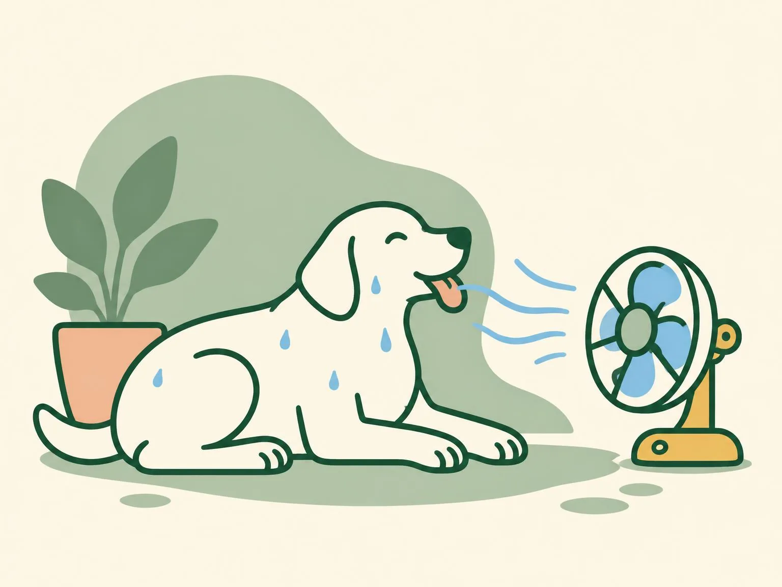 Illustration of a small electric fan blowing across a wet dog lying in the shade, short lines showing the breeze