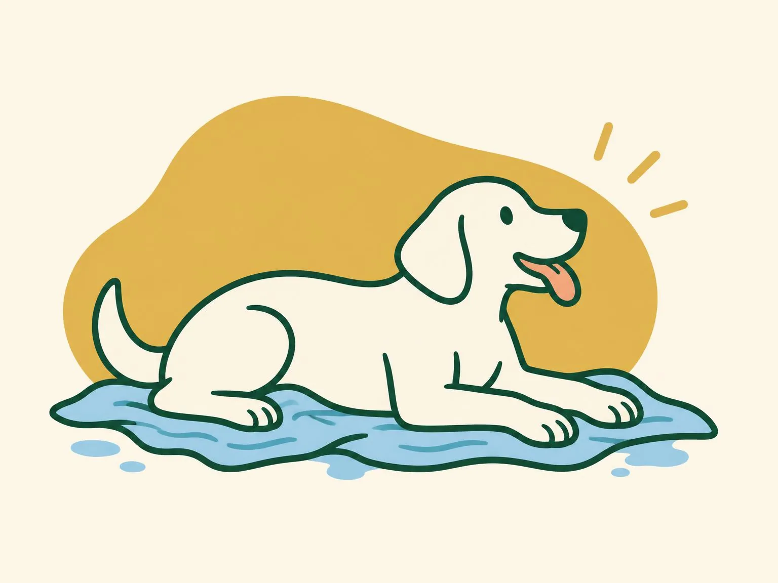 Illustration of a dog lying on a wet towel spread underneath it, with its back and sides uncovered