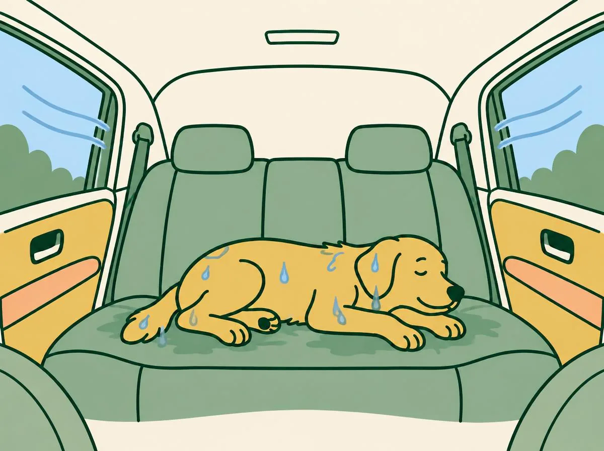 Illustration of a wet dog lying on the back seat of a car with the windows open and short breeze lines coming in