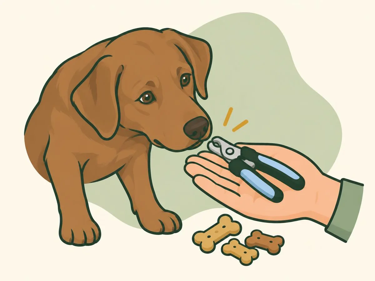 Illustration of a dog sniffing a pair of nail clippers held in an open hand, next to a small pile of treats