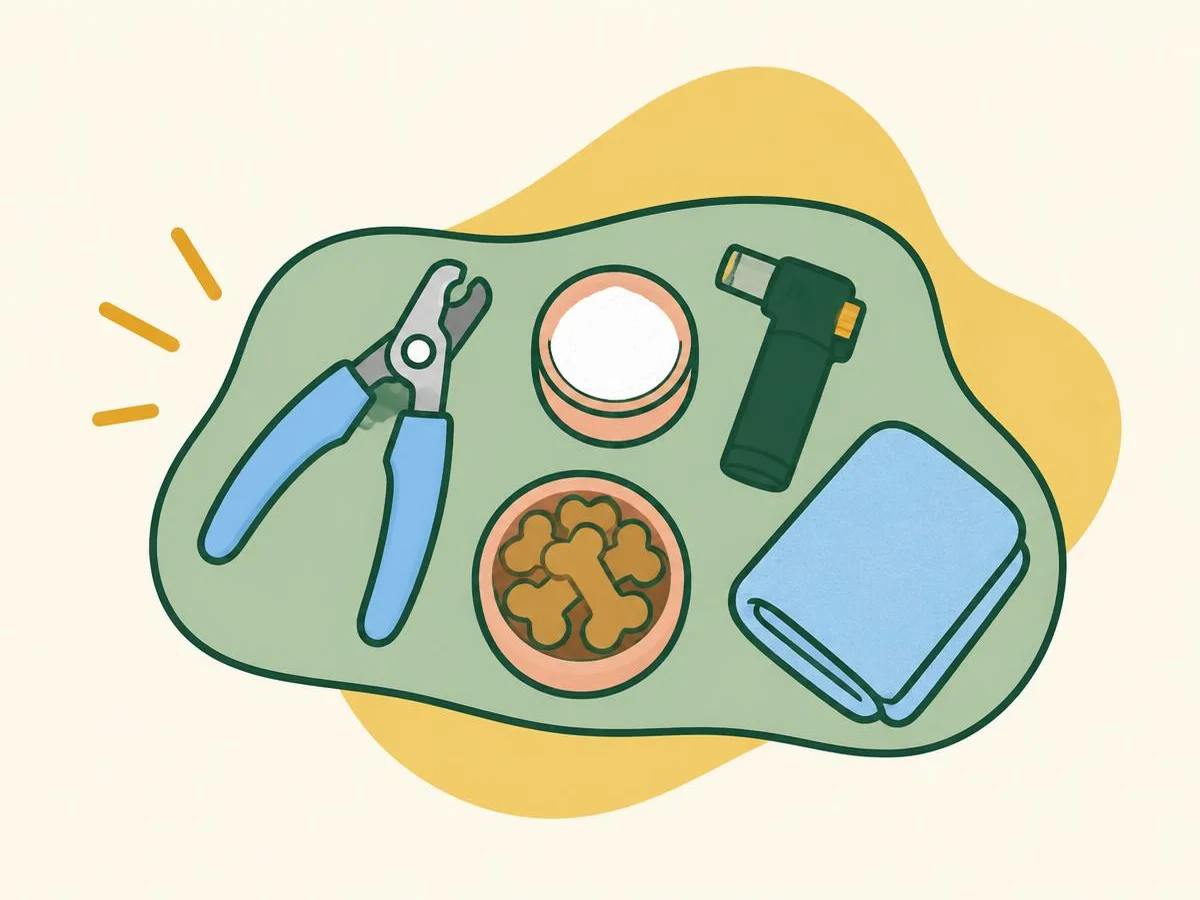 Illustration of dog nail clippers, a small pot of powder, a torch, a treat pot and a folded towel laid out on a mat
