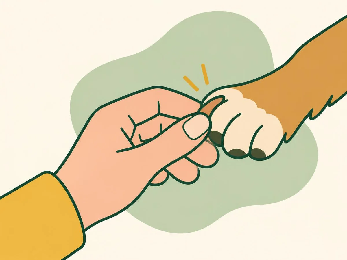 Illustration of a hand holding one toe of a dog's paw between thumb and forefinger so the nail sticks out