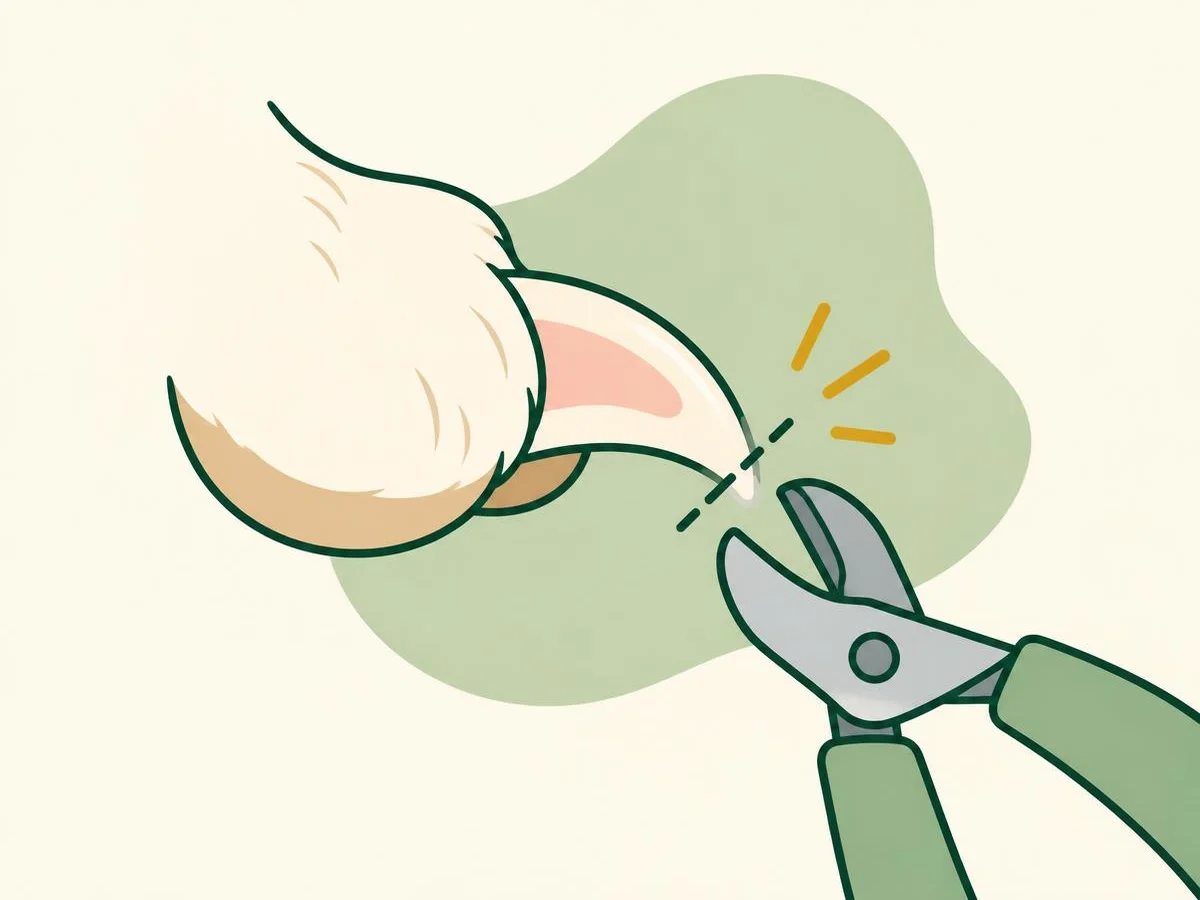 Illustration of a large light-coloured dog nail showing the pink quick inside and a dashed cut line across the tip, well before the pink area