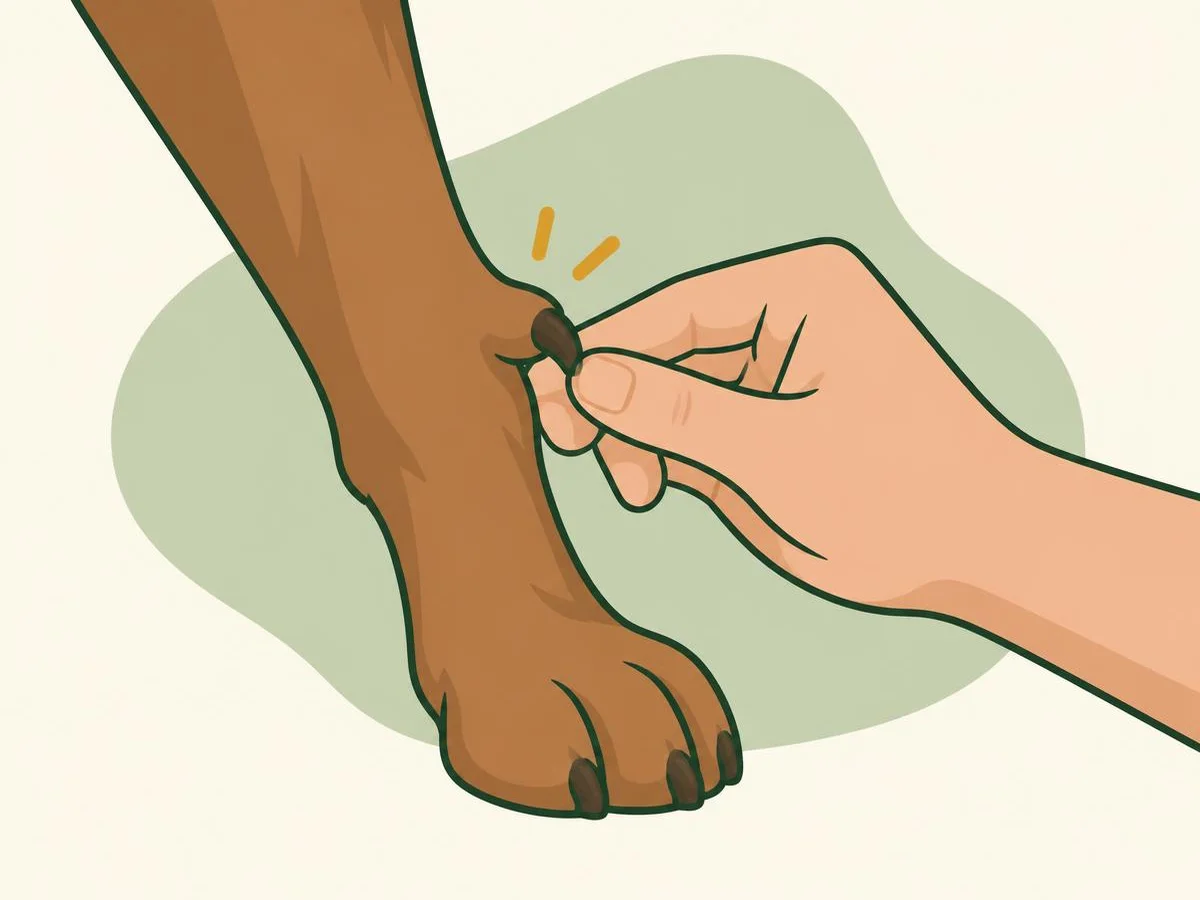 Illustration of a hand gently bending a dog's dewclaw, high on the inside of the front leg, away from the leg to trim its tip