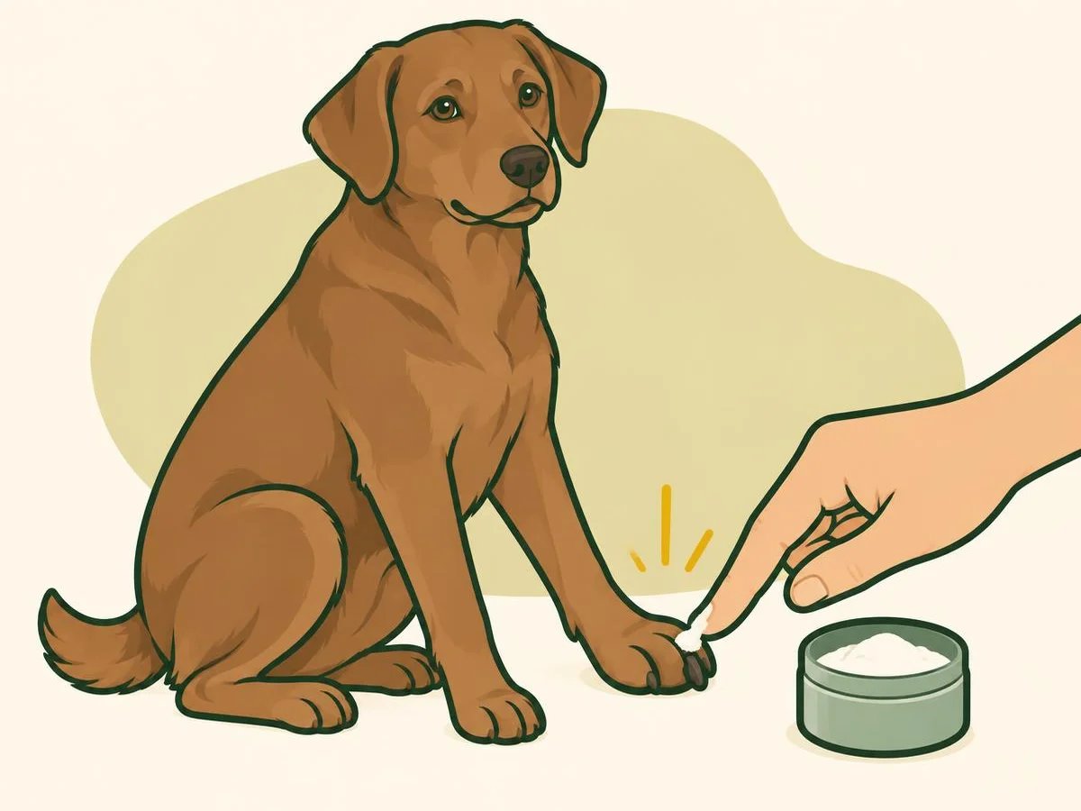 Illustration of a fingertip pressing a little powder onto the tip of a dog's nail while the dog sits calmly