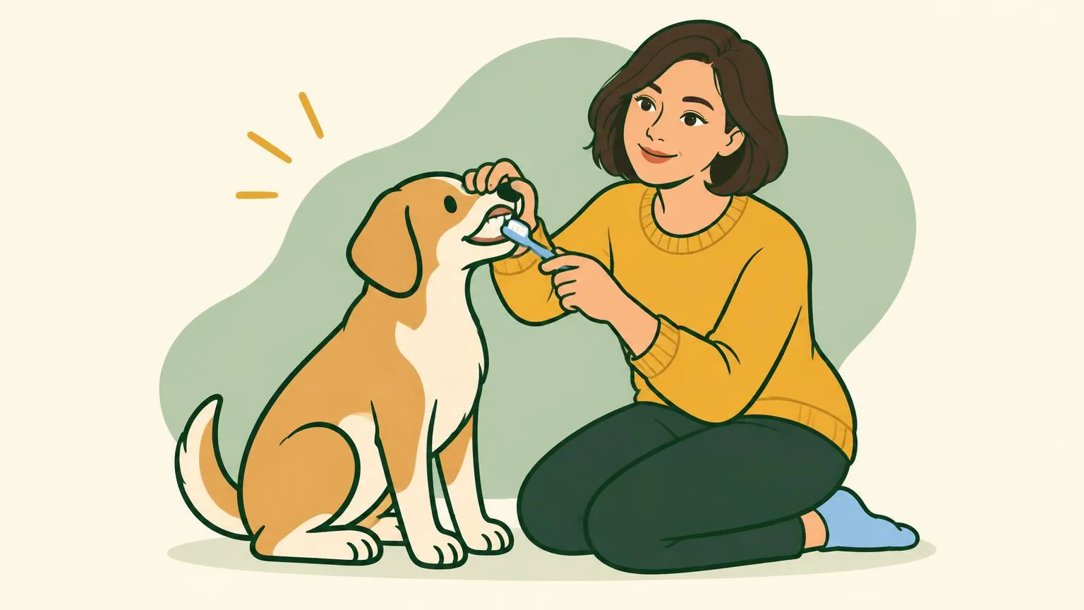 Illustration of a woman kneeling beside a relaxed dog, gently lifting its lip with one hand and holding a small dog toothbrush in the other
