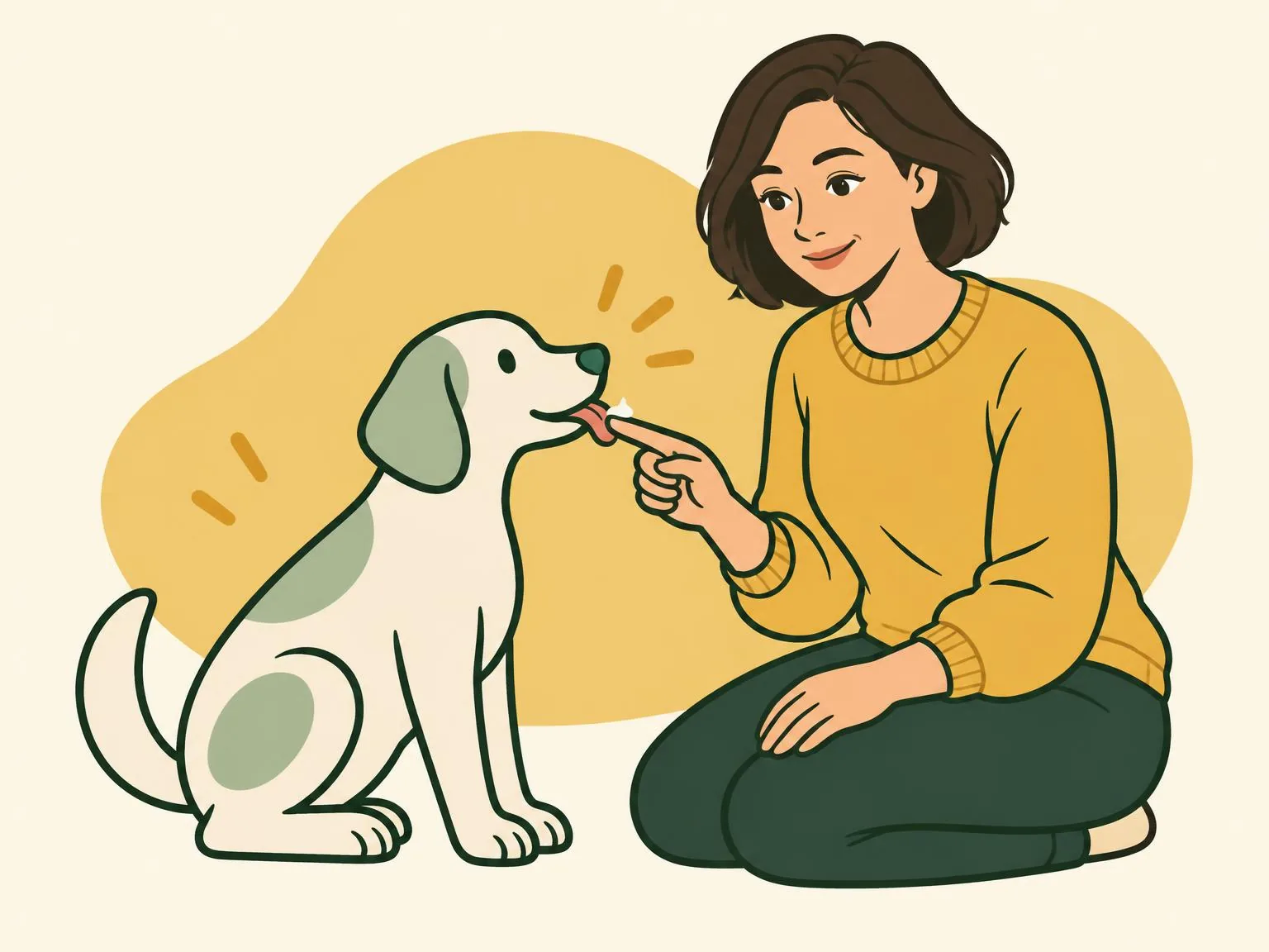 Illustration of a dog licking a small dab of toothpaste from a woman's fingertip