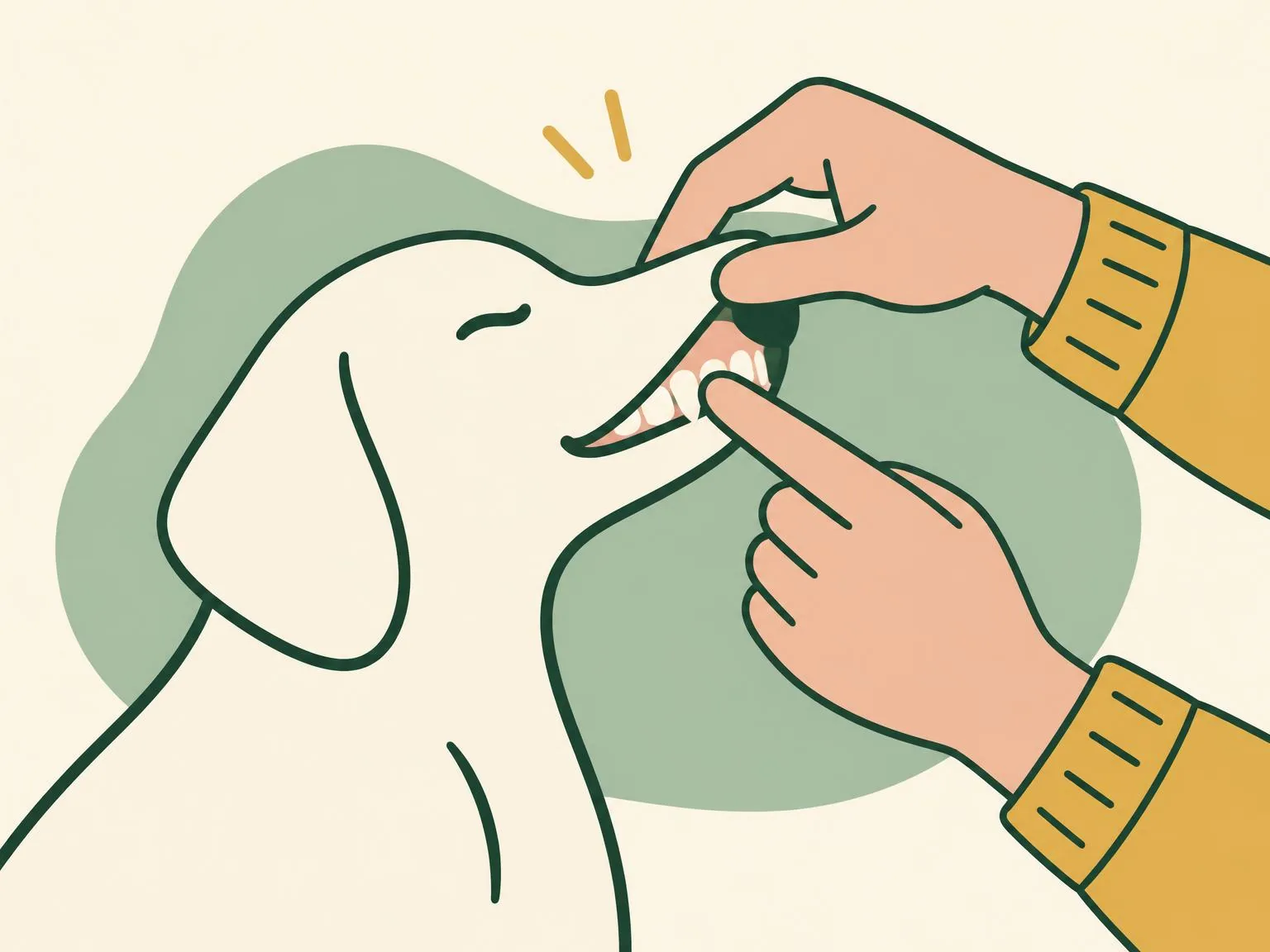 Illustration of one hand gently lifting a calm dog's upper lip while a fingertip of the other hand rests on the outer surface of the front teeth