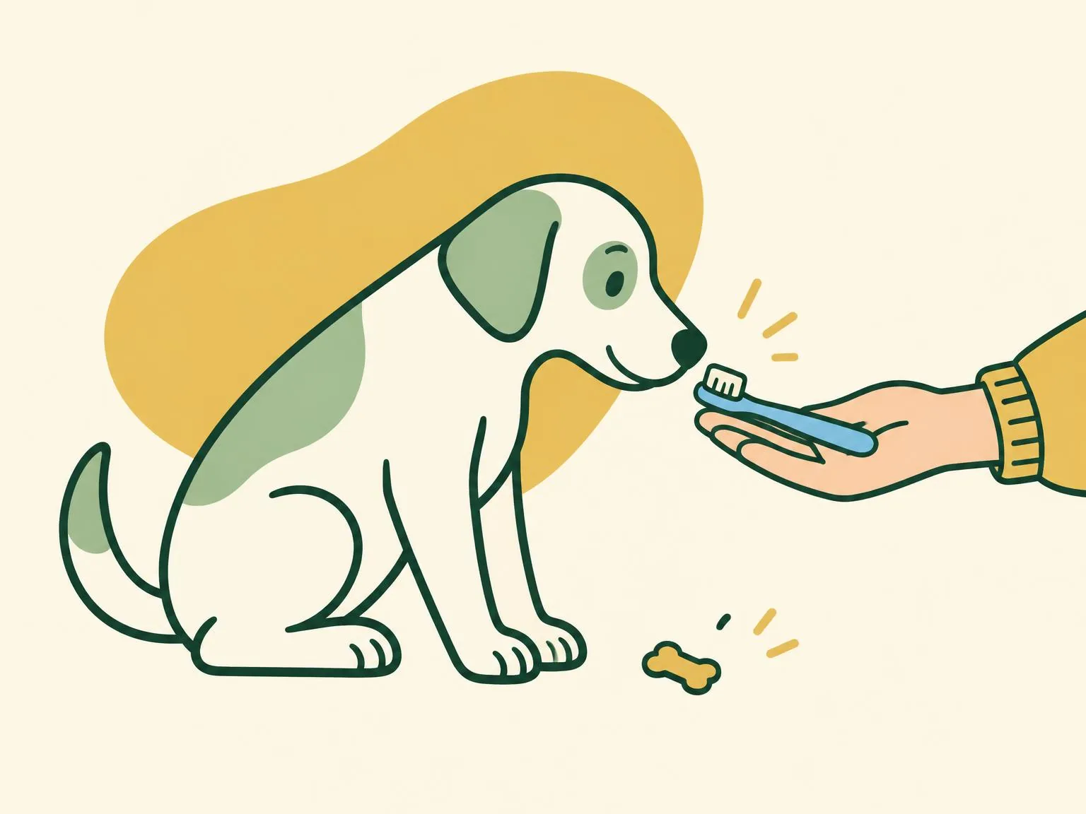 Illustration of a dog sniffing a small toothbrush held out on an open hand, a treat beside it