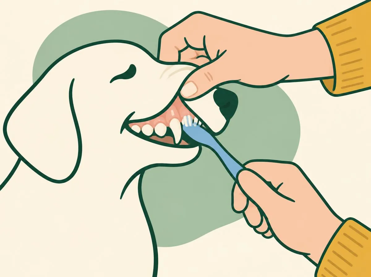 Close-up illustration of a toothbrush held at an angle against the outer surface of a dog's side teeth, bristles touching where tooth meets gum