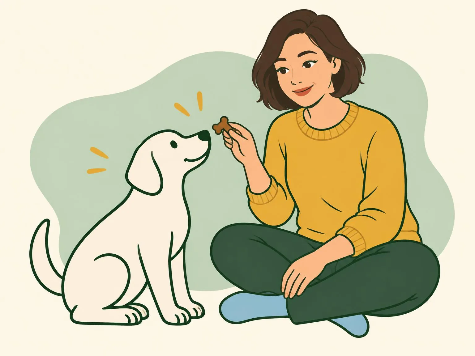 Illustration of a woman sitting on the floor giving her happy dog a treat