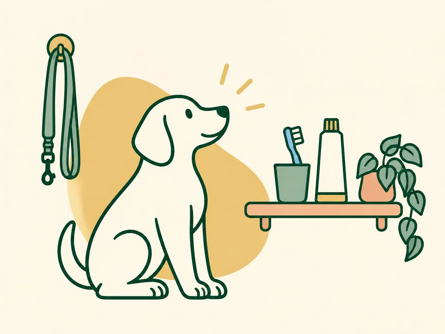 Illustration of a dog sitting expectantly beside a toothbrush and toothpaste on a low shelf, a leash hanging nearby
