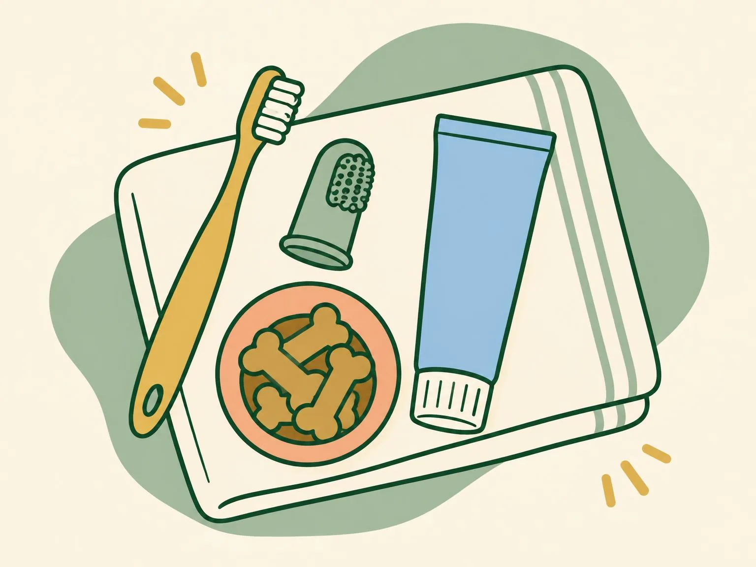 Illustration of a dog toothbrush, a rubber finger brush, a tube of pet toothpaste and a small pot of treats laid out on a towel
