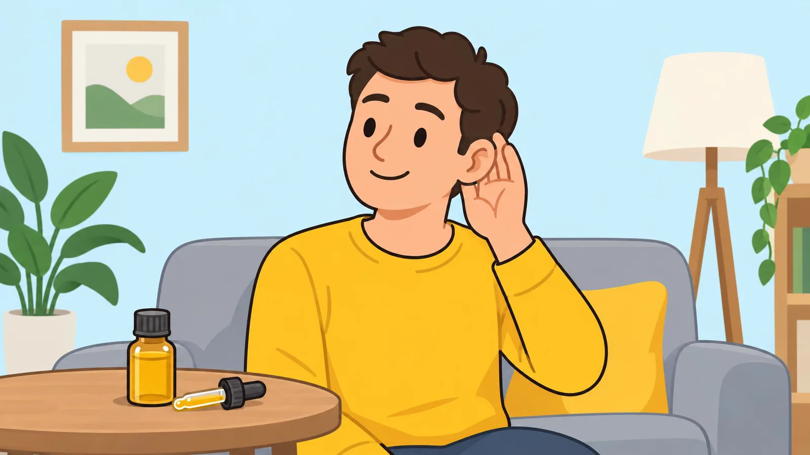 Illustration of a person on a sofa cupping one ear, with a small bottle of oil and a dropper on the table