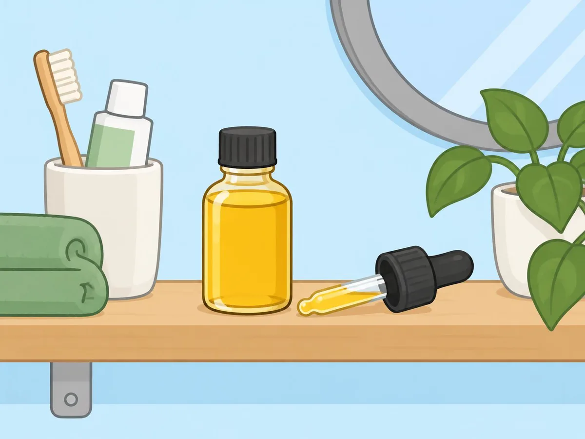 Illustration of a small bottle of oil and a dropper on a bathroom shelf