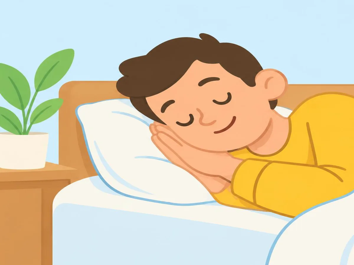 Illustration of a person lying on their side in bed, one ear facing up