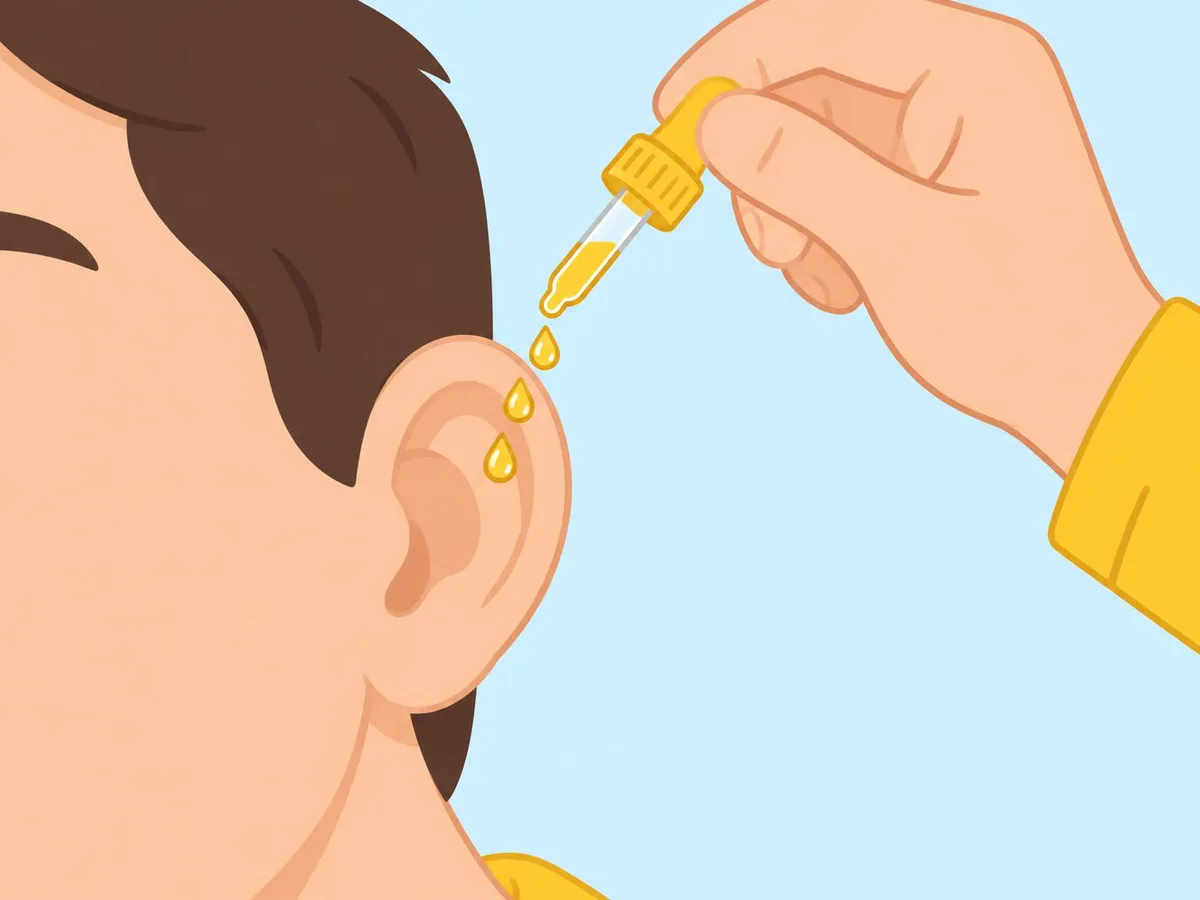 Illustration of a dropper held just outside the ear with a few drops of oil falling in