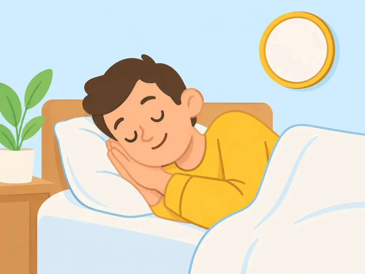 Illustration of the same person resting on their side, a round clock on the wall