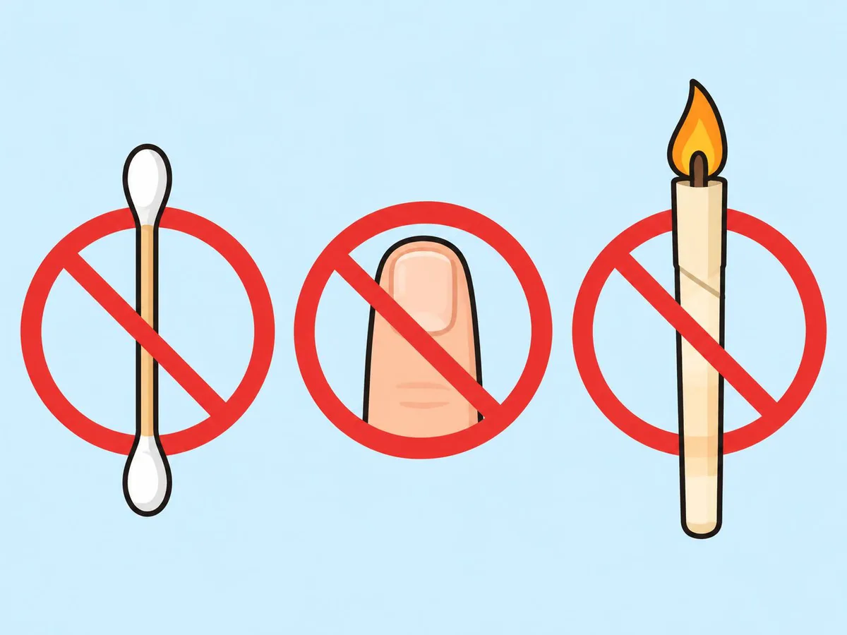 Illustration of a cotton bud, a fingertip and an ear candle, each crossed out in red