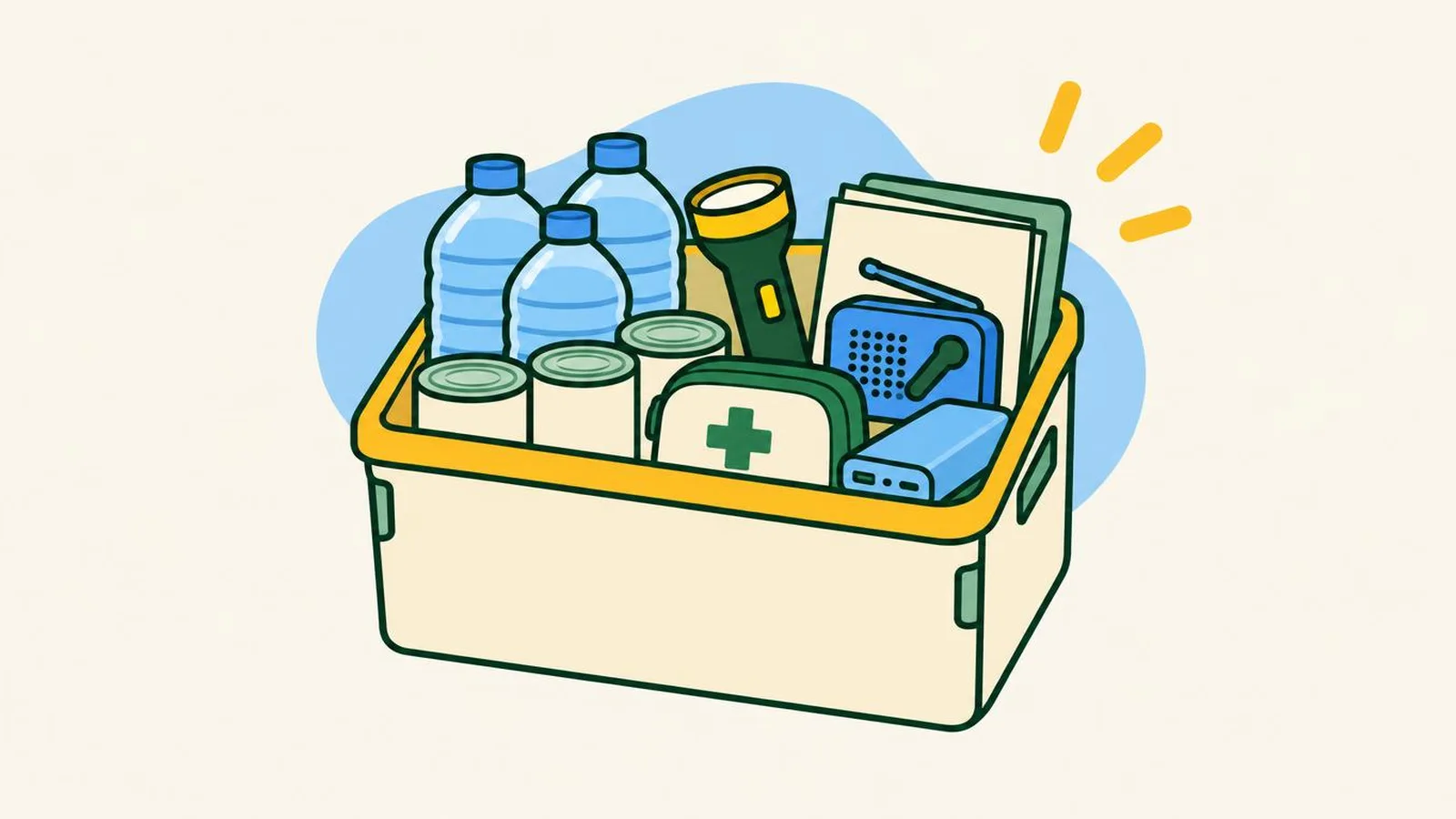 Illustration of an open storage box packed with water bottles, tins, a torch, a radio, a power bank and a first aid pouch