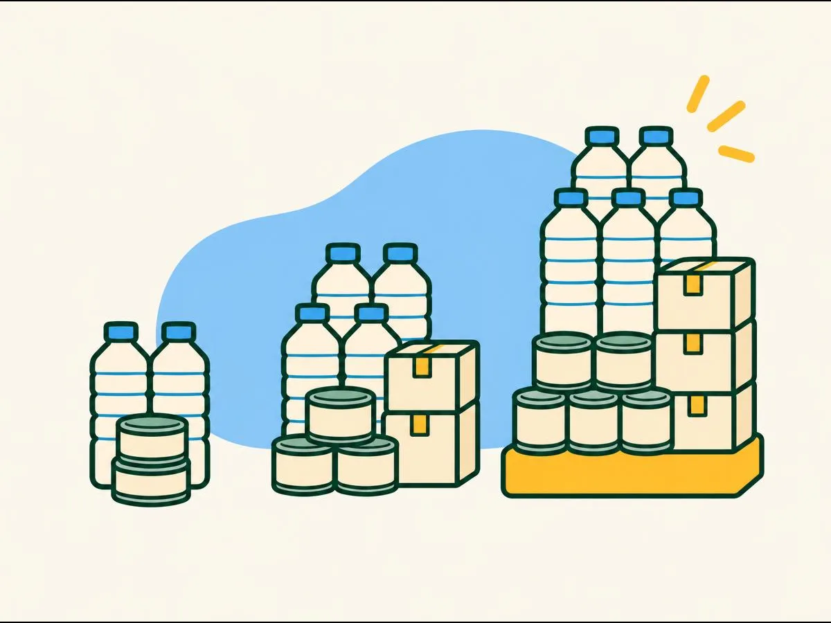 Illustration of three stacks of water bottles, tins and boxes, getting bigger from left to right