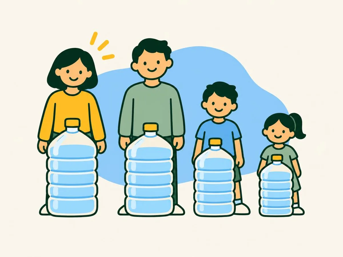 Illustration of a family of four standing behind four large water bottles, one bottle each