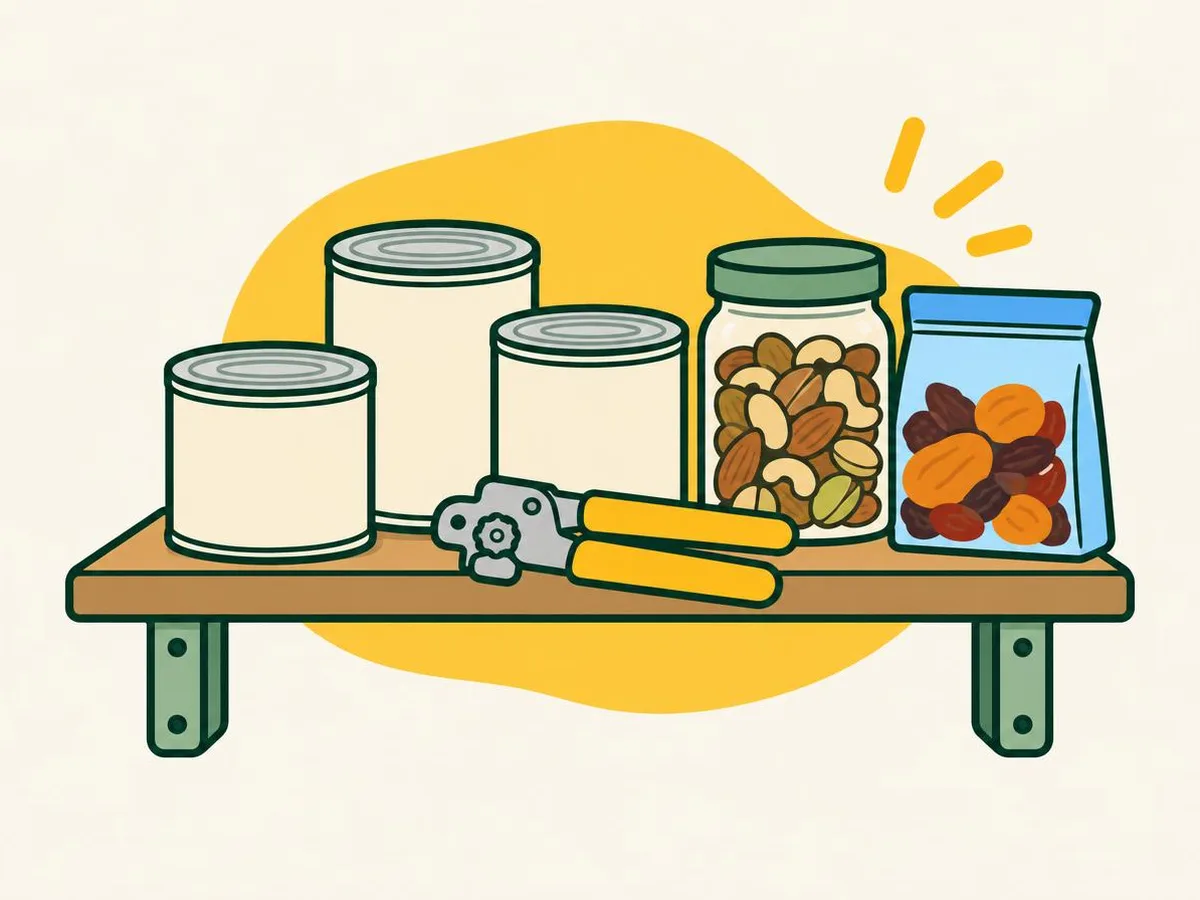 Illustration of tins, a jar of nuts, a bag of dried fruit and a manual tin opener on a shelf