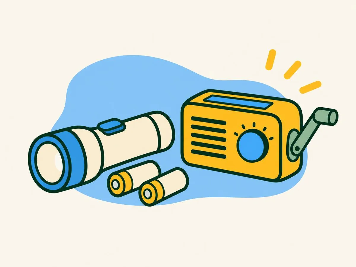 Illustration of a torch with spare batteries next to a wind-up radio
