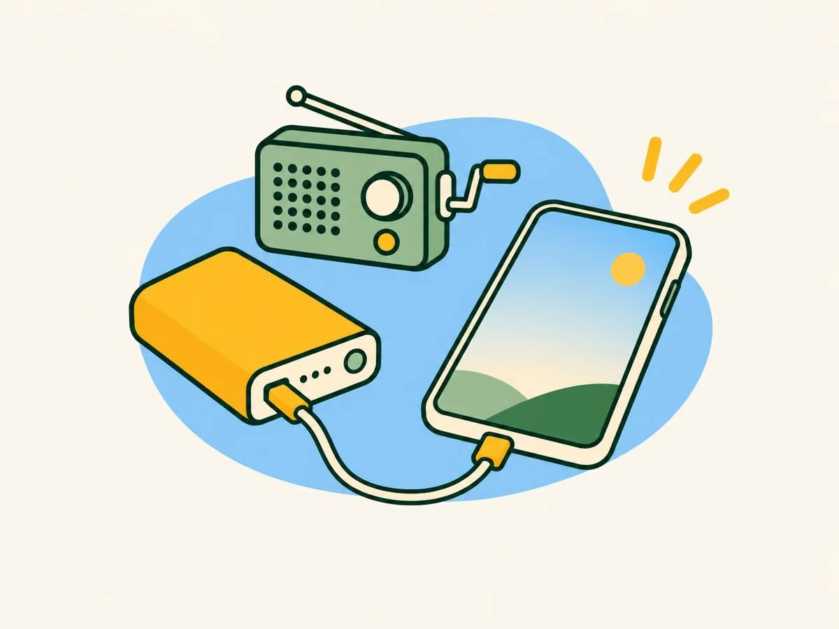 Illustration of a phone charging from a power bank next to a small radio