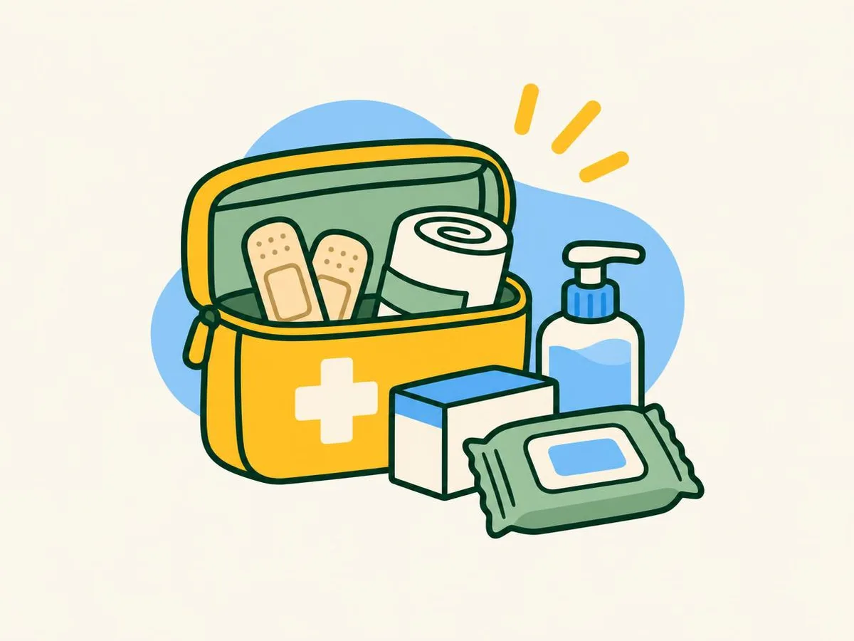 Illustration of an open first aid pouch with plasters and a bandage, a medicine box, hand sanitiser and wet wipes